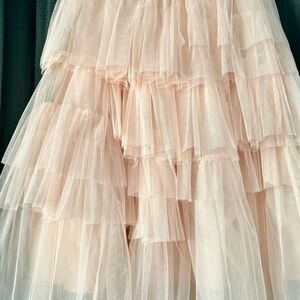 Soft pink Midi Skirt with Ruffled Tiers lined underskirt
